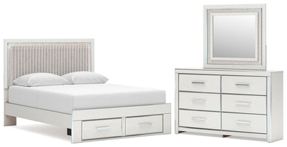 Cama con plataforma tapizada con paneles, cómoda y espejo Zuraleus