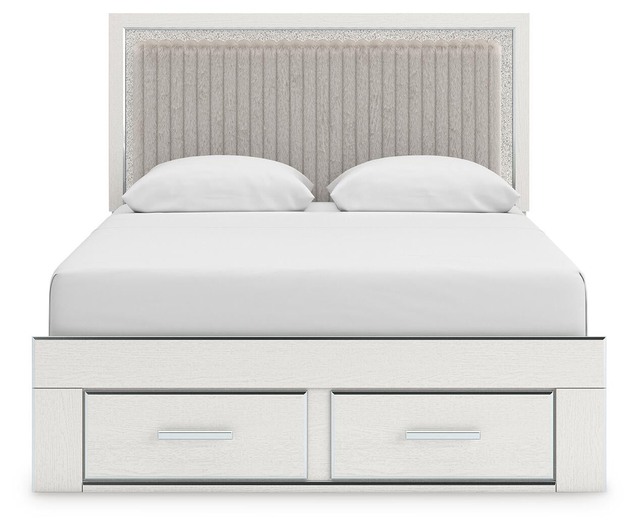 Cama con plataforma tapizada con paneles, cómoda y espejo Zuraleus