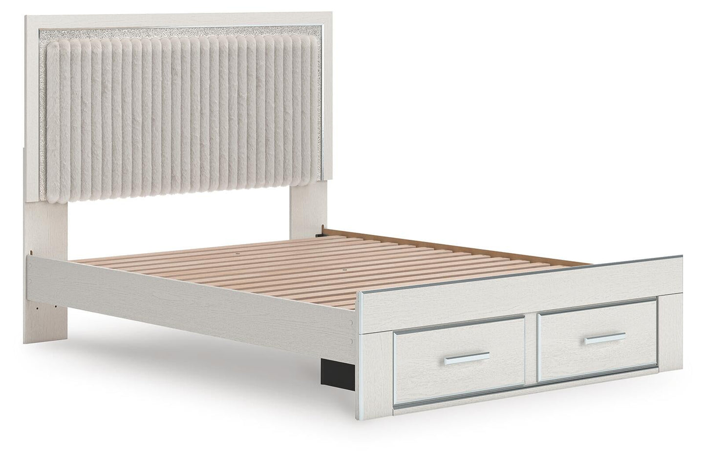 Cama con plataforma tapizada con paneles, cómoda y espejo Zuraleus
