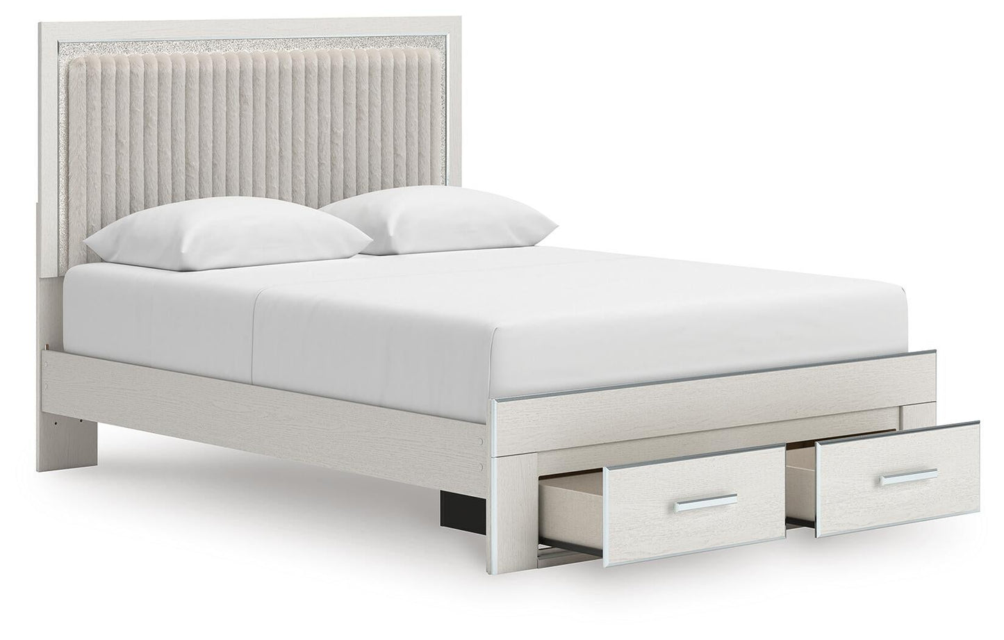 Cama con plataforma tapizada con paneles, cómoda y espejo Zuraleus