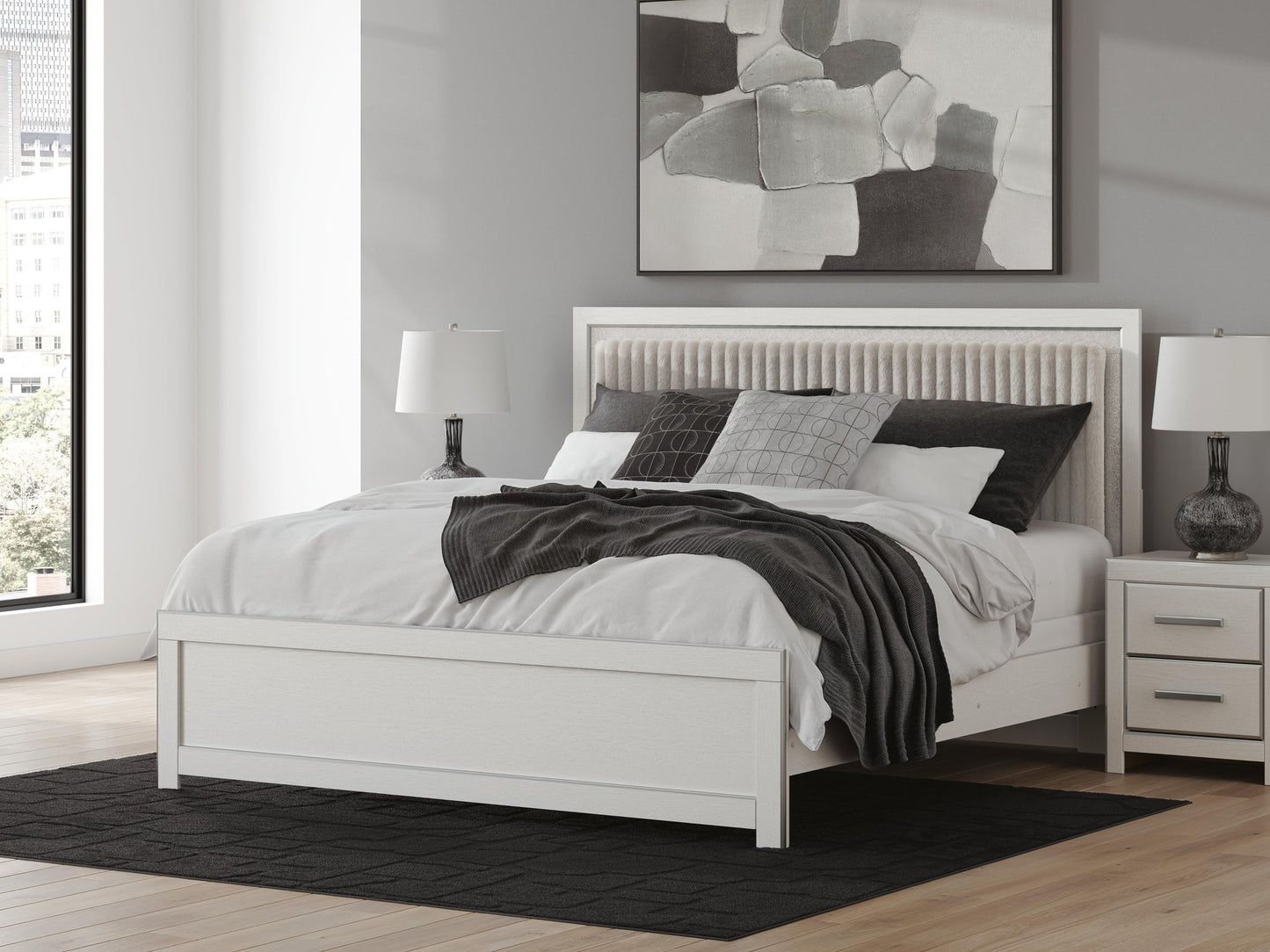 Zuraleus  Upholstered Panel Bed, Dresser, Mirror And Nightstand