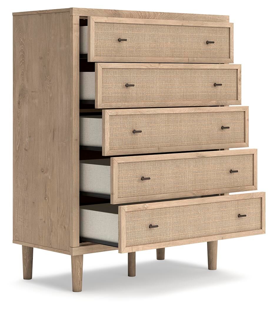 Cielden California  Upholstered Bed With Roll Slats, Dresser, Mirror, Chest And Nightstand