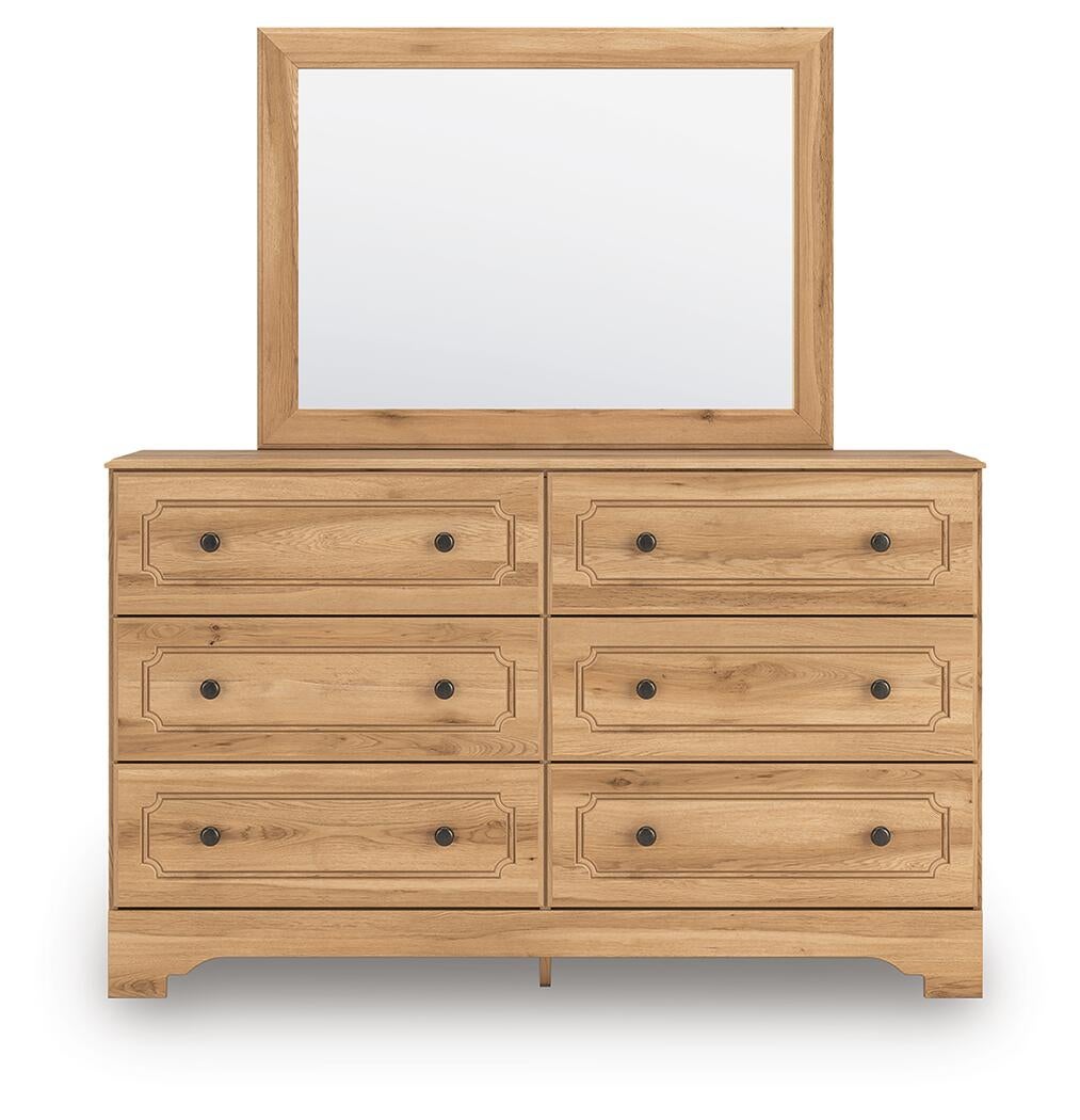 Cama con paneles, cómoda con espejo y mesita de noche Aleaport