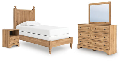 Cama con paneles, cómoda con espejo y mesita de noche Aleaport