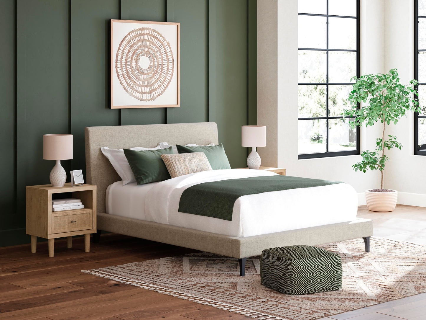 Cielden  Upholstered Bed With Roll Slats, Dresser, Mirror, Chest And Nightstand