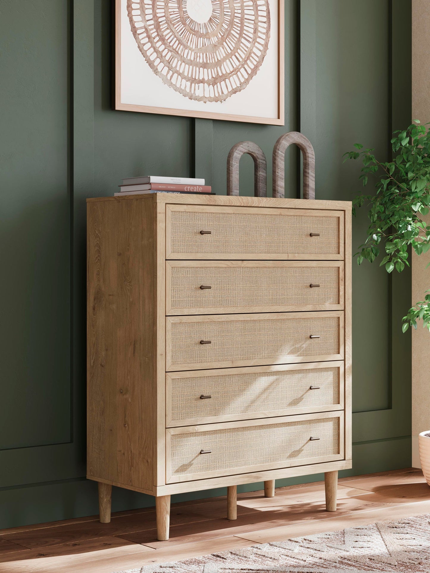 Cielden  Upholstered Bed With Roll Slats, Dresser, Mirror, Chest And Nightstand