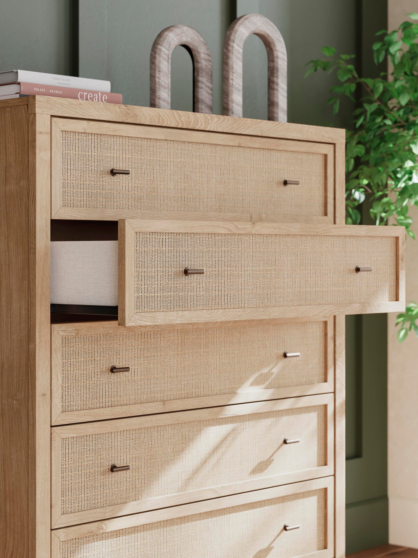 Cielden  Upholstered Bed With Roll Slats, Dresser, Mirror, Chest And Nightstand