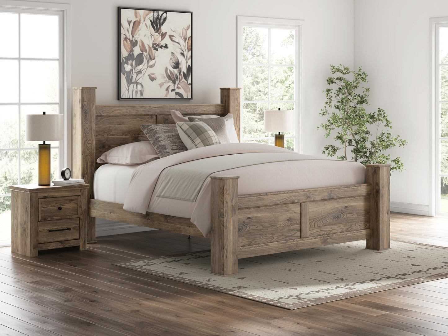 Rusticott  Poster Bed, Dresser, Mirror And Nightstand