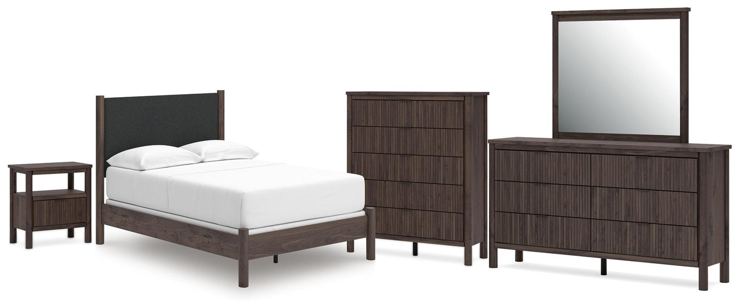Pamytta  Upholstered Panel Bed, Dresser, Mirror, Chest And Nightstand