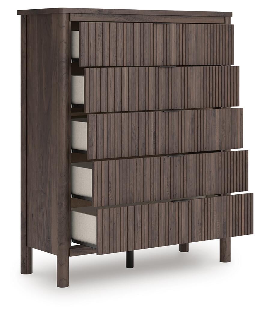 Pamytta  Upholstered Panel Bed, Dresser, Mirror, Chest And Nightstand