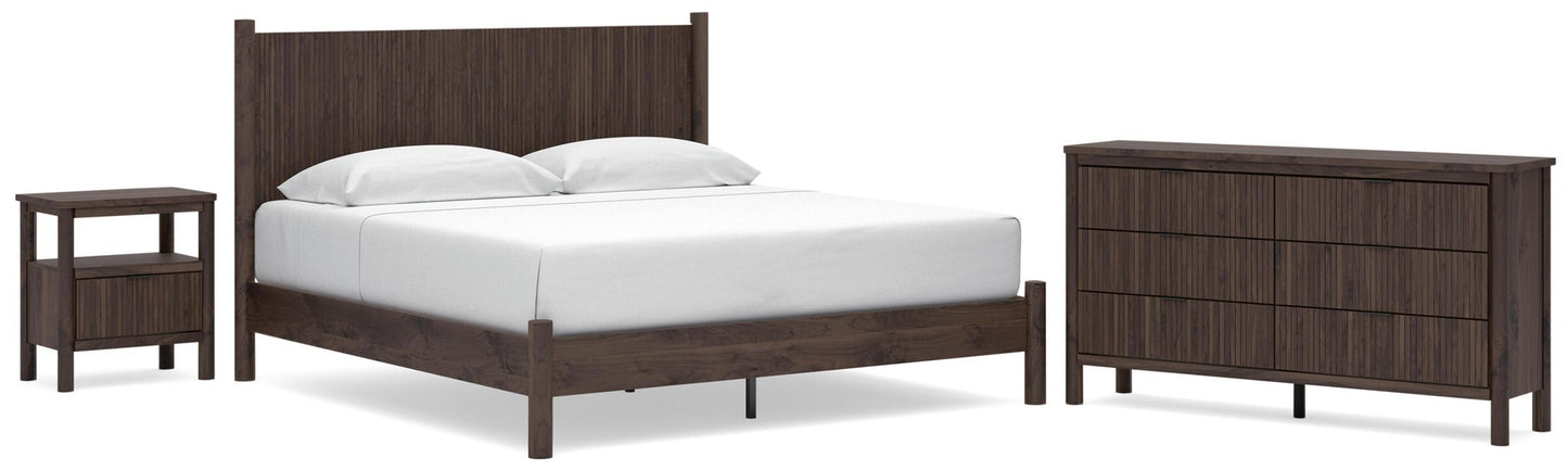 Cama de plataforma Pamytta, cómoda, espejo y mesita de noche