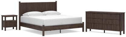 Cama de plataforma Pamytta, cómoda, espejo y mesita de noche