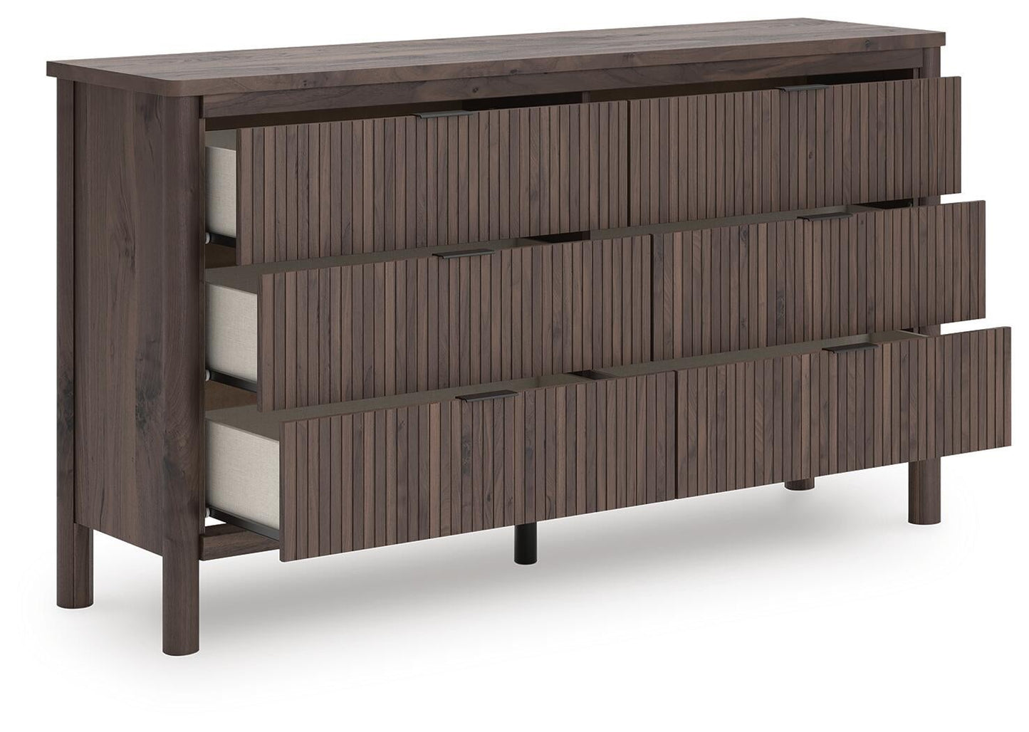 Cama de plataforma Pamytta, cómoda, espejo y mesita de noche