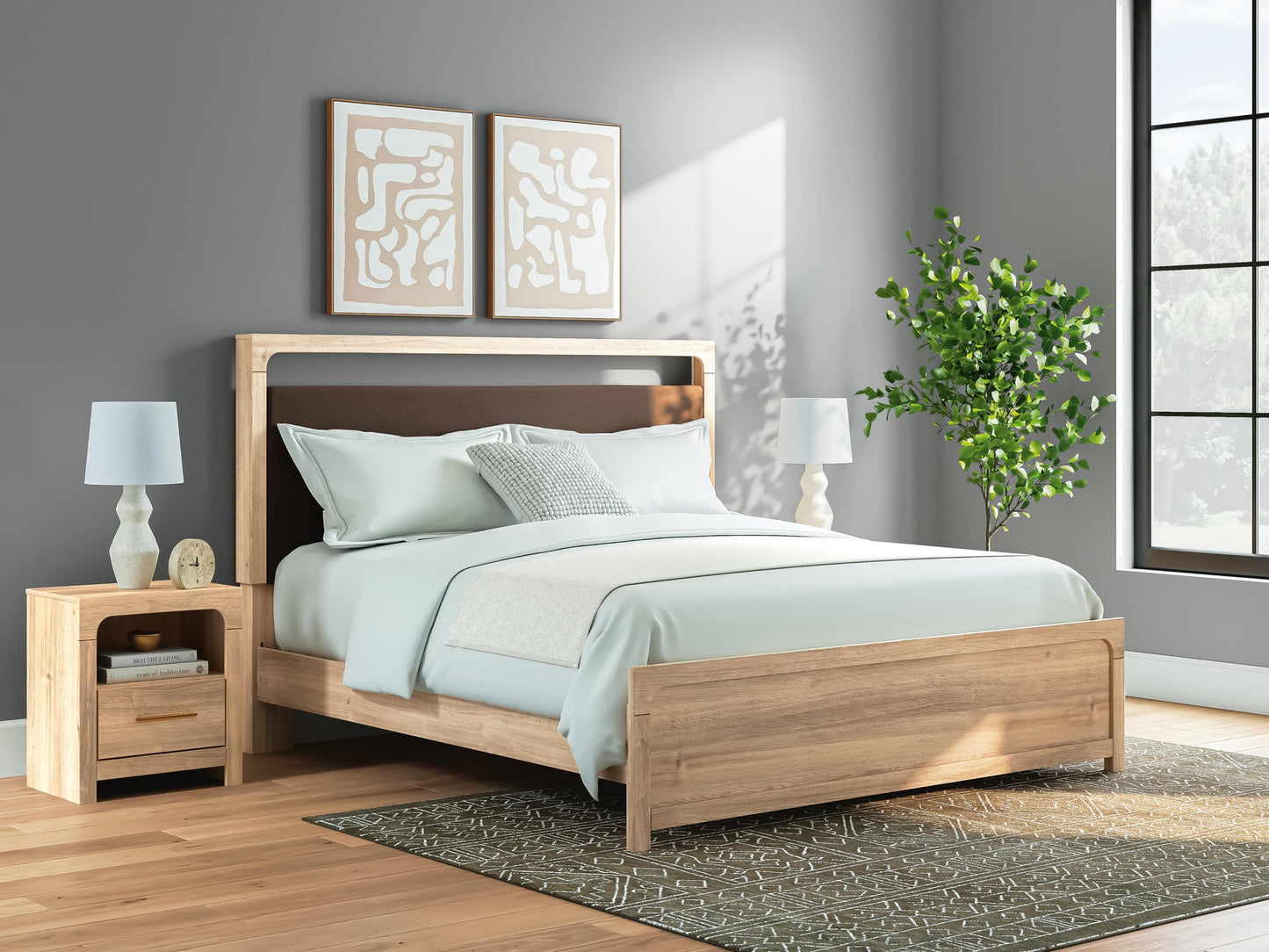 Kinlanni  Upholstered Platform Bed, Dresser And Mirror