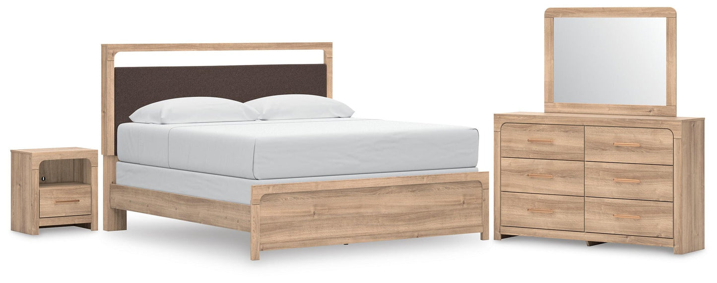 Kinlanni  Upholstered Panel Bed, Dresser, Mirror And Nightstand