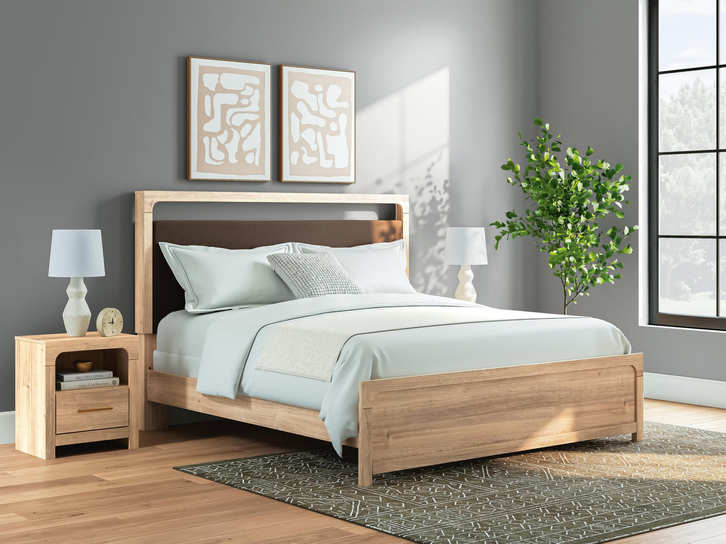 Kinlanni  Upholstered Panel Bed, Dresser, Mirror And Nightstand