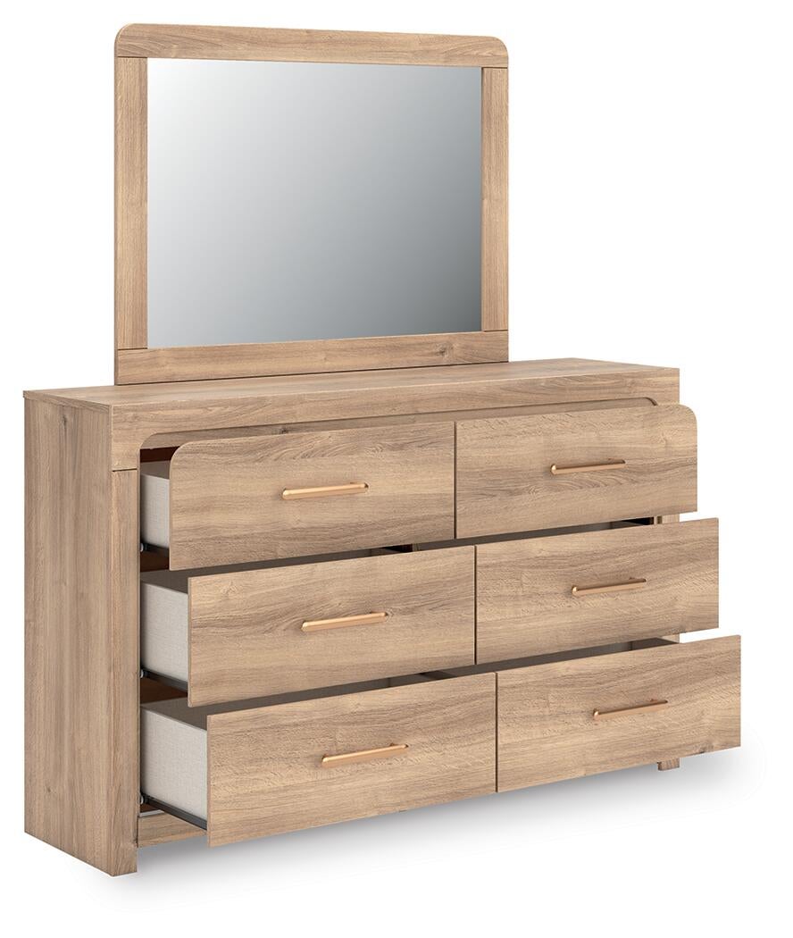 Kinlanni  Upholstered Panel Bed, Dresser And Mirror