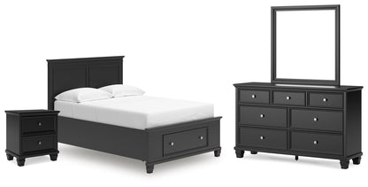 Juego de dormitorio Lanolee: cama con almacenamiento en el cabecero, cómoda, espejo y mesita de noche
