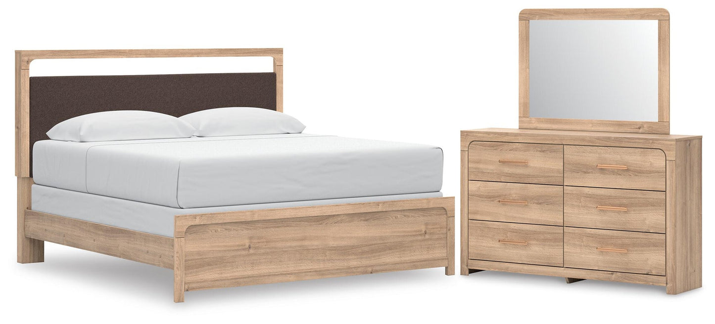 Cama tapizada Kinlanni, tocador y espejo